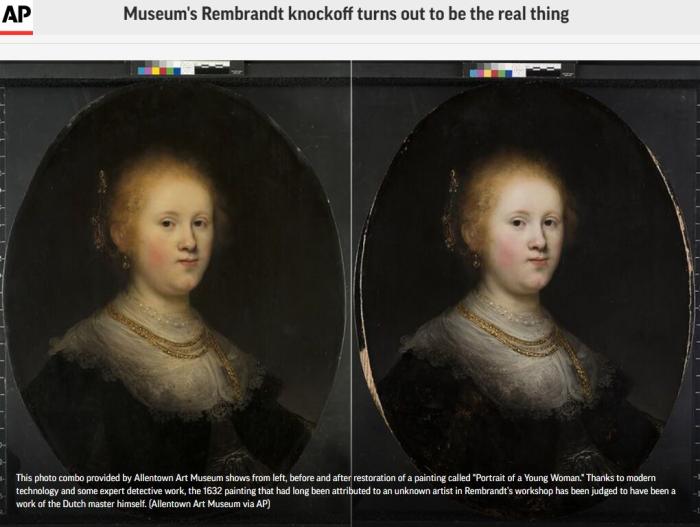 伦勃朗名画“年轻女子肖像”被现代科技手段证明为真品。(图片来源：美联社报道截图)